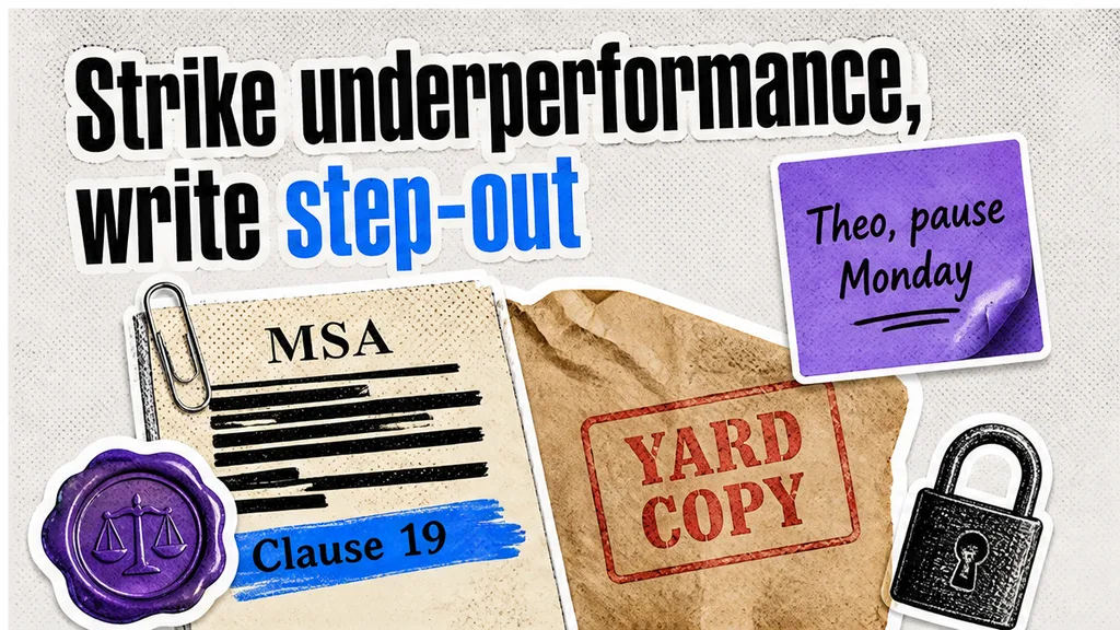Warehouse outsourcing MSA Clause 19 with underperformance struck and a blank step-out box, no face