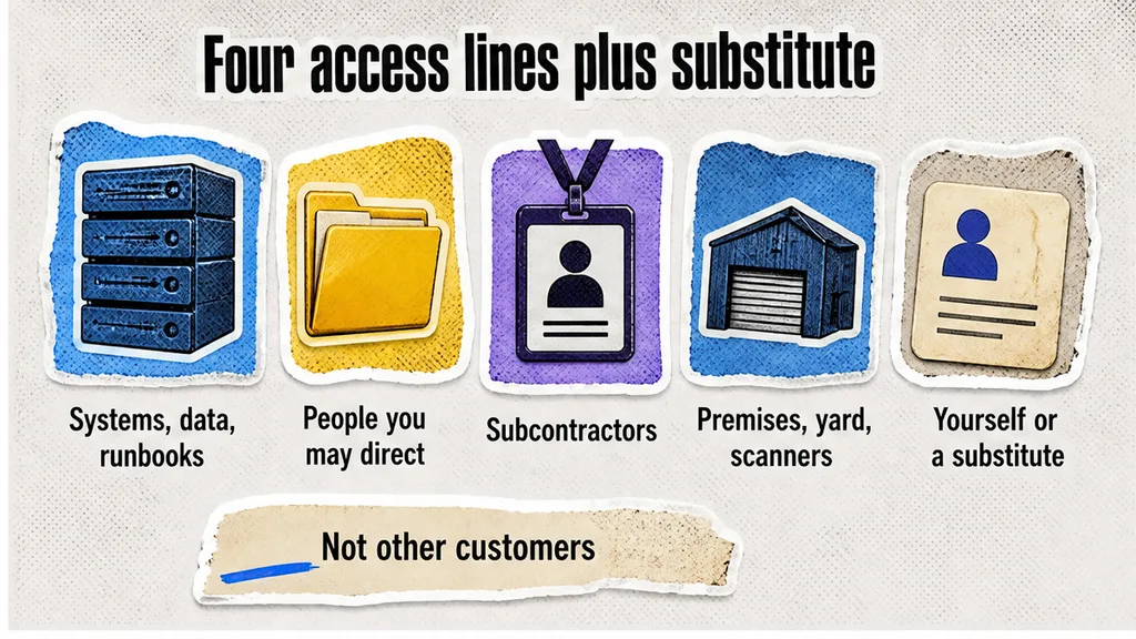 Four access boxes for systems, people, subcontractors and premises plus a substitute-operator line, no face