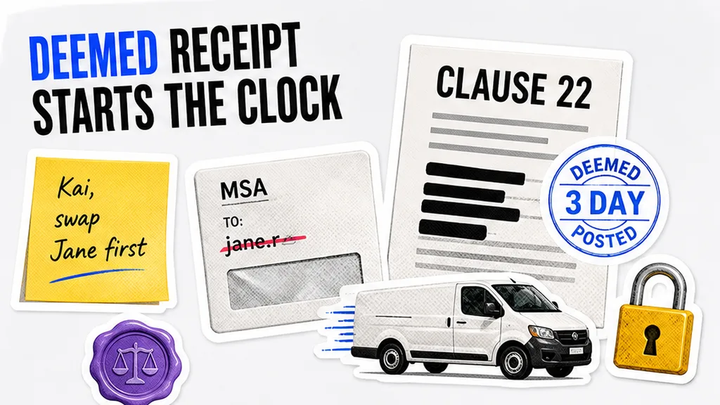 Clause 22 notices block, jane.r inbox struck, recorded-post envelope still in transit, no face