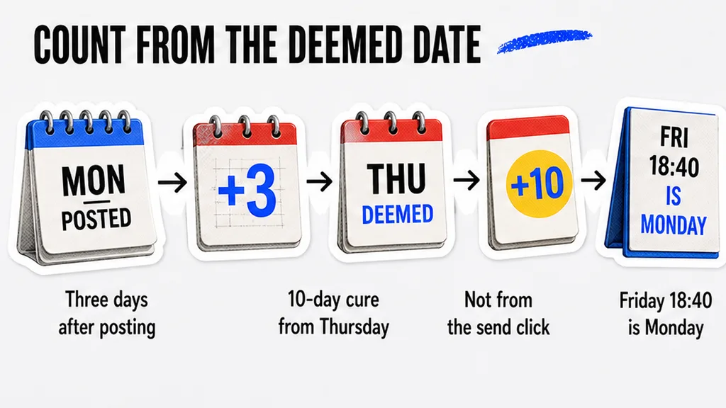 Deemed-receipt row beside a 10-day cure, envelope still in transit, no face
