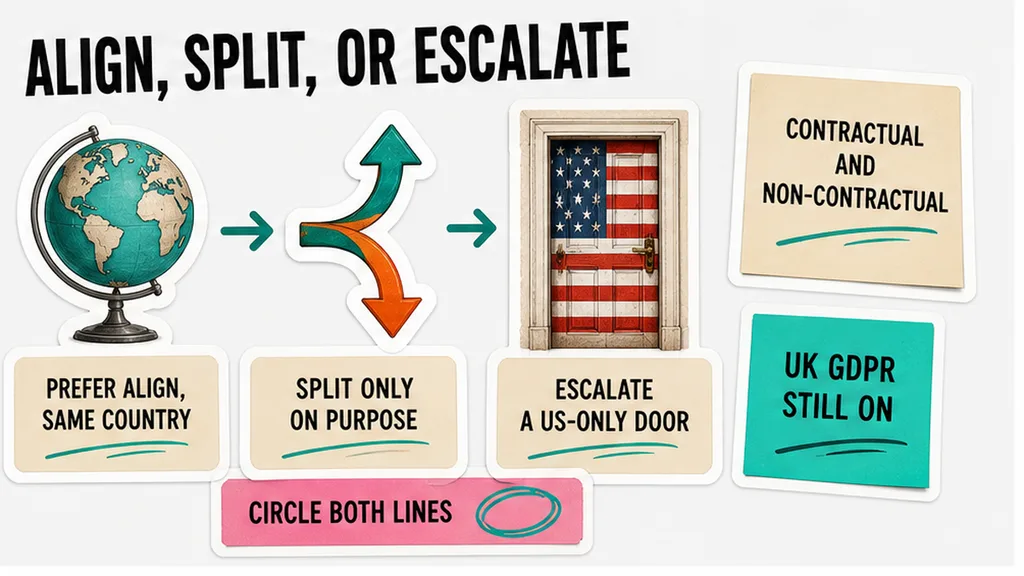 Align, split, or escalate board, two-line log, no face