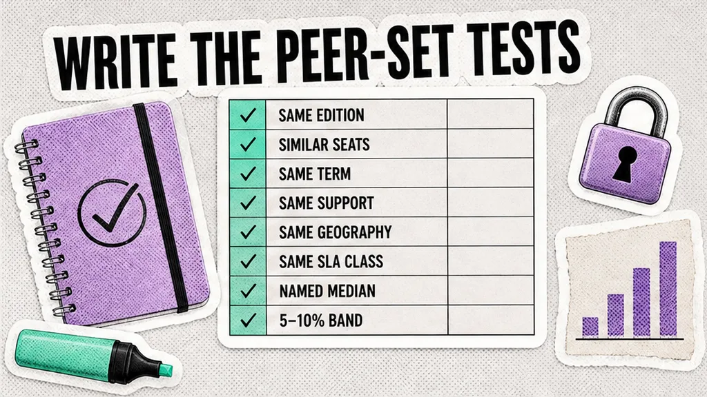 Like-for-like peer-set box with named median and 5–10% band, no face