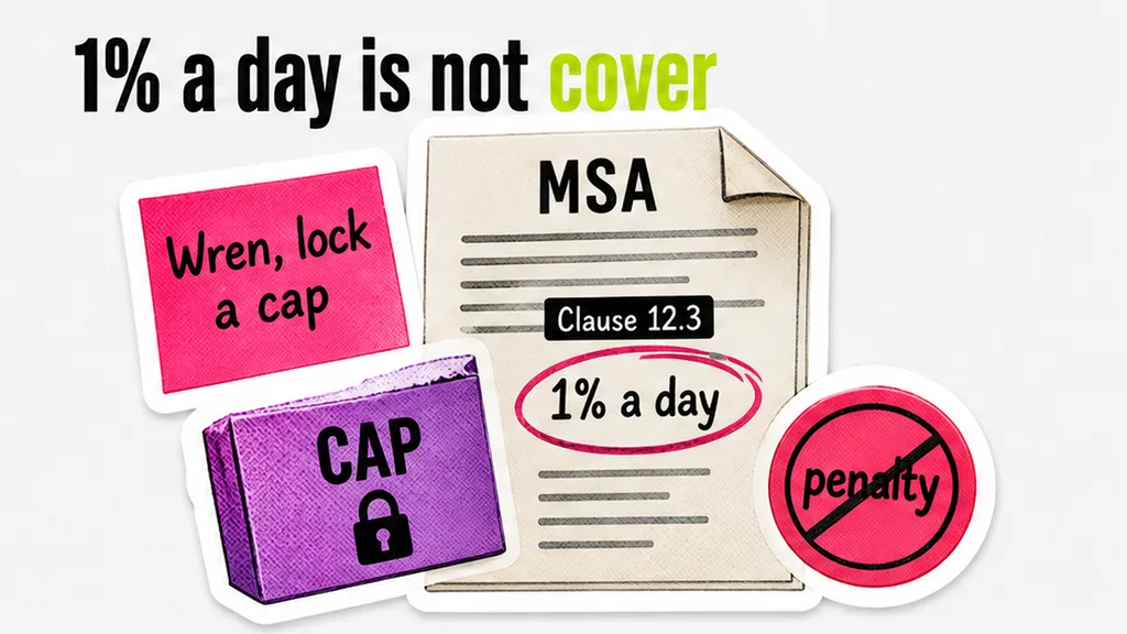 MSA Clause 12.3 boxed, 1% a day circled, penalty labelled, no face