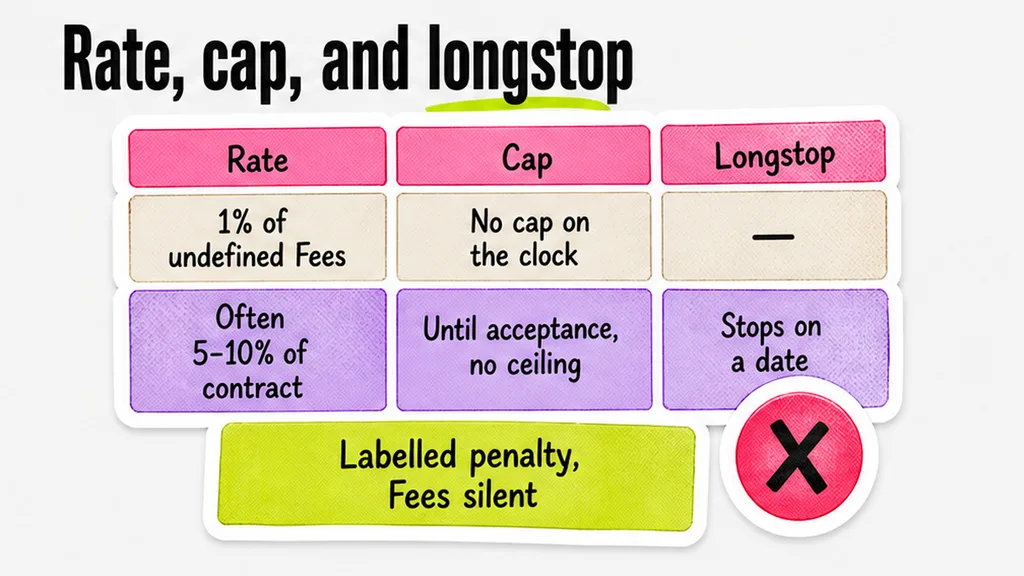 Daily rate, cap, and longstop boxes on a damages table, no face