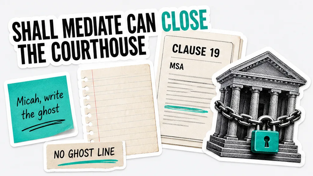 Clause 19 MSA, shall-mediate, no ghost line, courthouse shut, no face