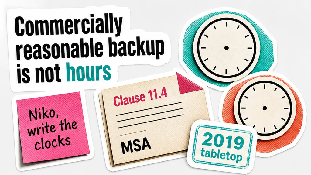 Clause 11.4 MSA, commercially reasonable backup circled, two clock blanks empty, no face