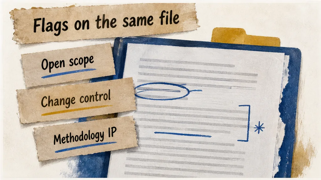 Editorial infographic: Flags on the same file — Open scope, Change control, Methodology IP