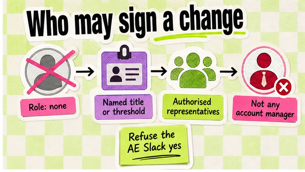 Workflow naming who may sign a change: role none versus a titled authorised representative