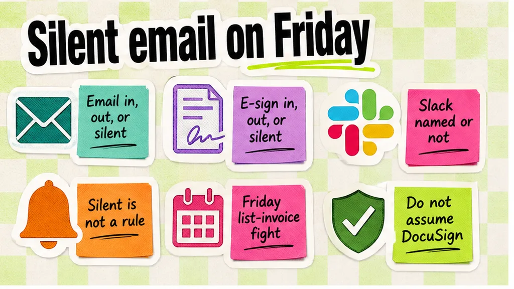 Friday checklist of email, e-sign, and Slack boxes marked in, out, or silent