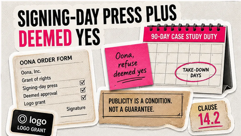 Clause 14.2 publicity paragraph with logo grant and case-study boxed, signing-day press and five-day deemed yes marked, no people