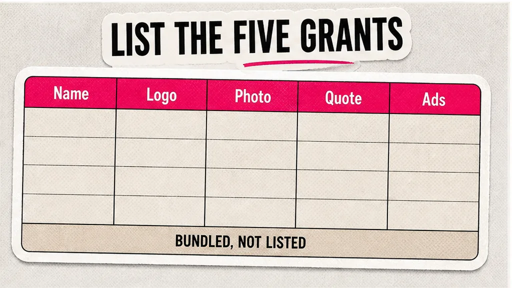 Table listing five publicity grants: name, logo, photo, quote, and ads, with a bundled-not-listed row