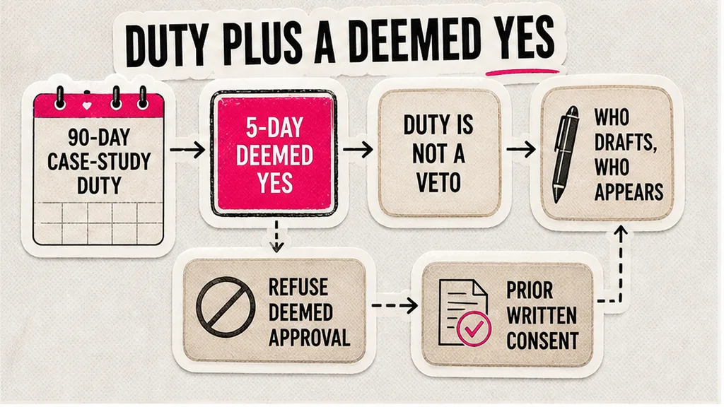 Workflow of a 90-day case-study duty with a five-day deemed-yes clock and prior written consent