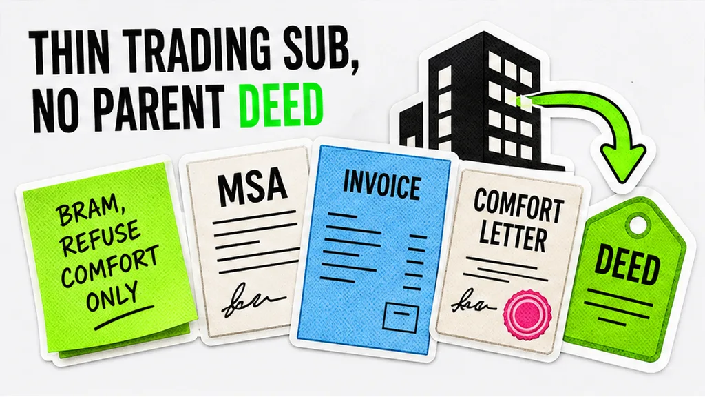 Two entity cards, Parent and Trading Co, with a see-to-it arrow from parent to Bram’s thin subsidiary, comfort letter crossed, deed boxed, no face