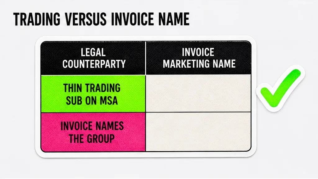 Comparison of legal counterparty on the MSA versus the group name on the invoice, no face