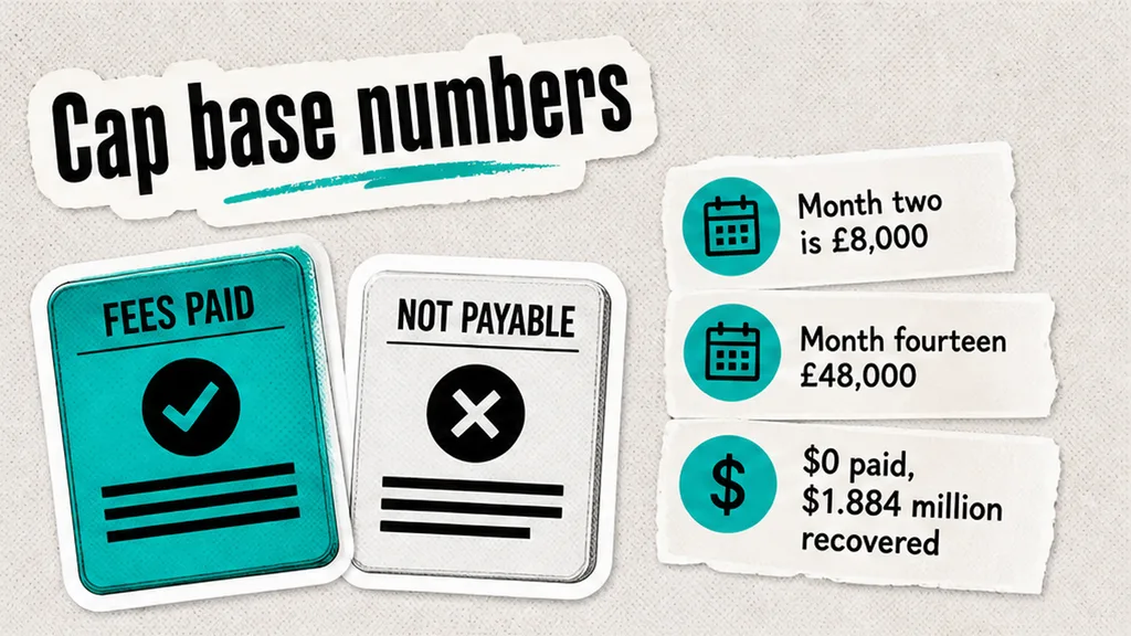 Fees-paid cap math: month two £8,000 versus BHMI $0 paid