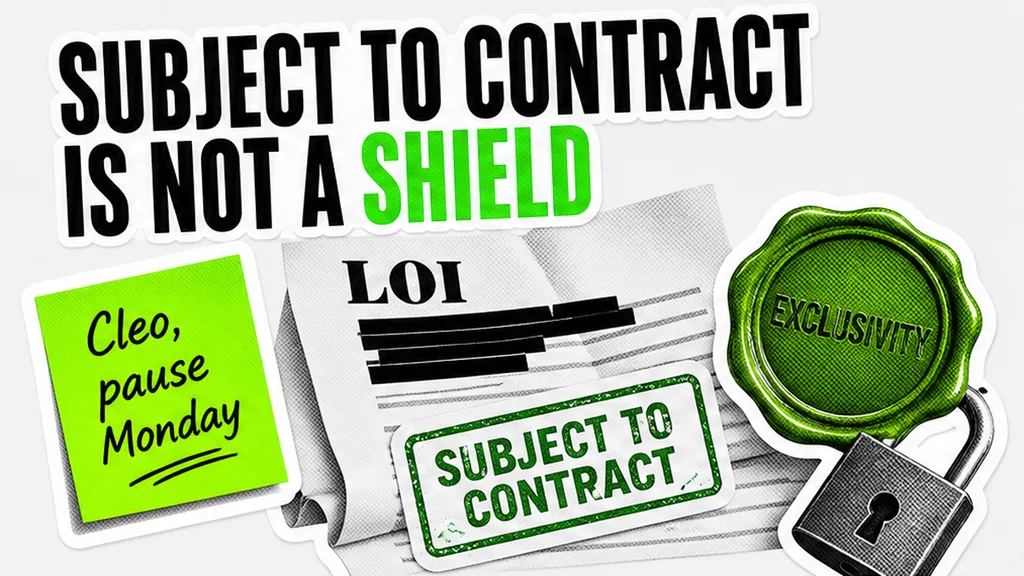 LOI stack, Cleo sticky pause Monday, subject-to-contract and exclusivity, no face