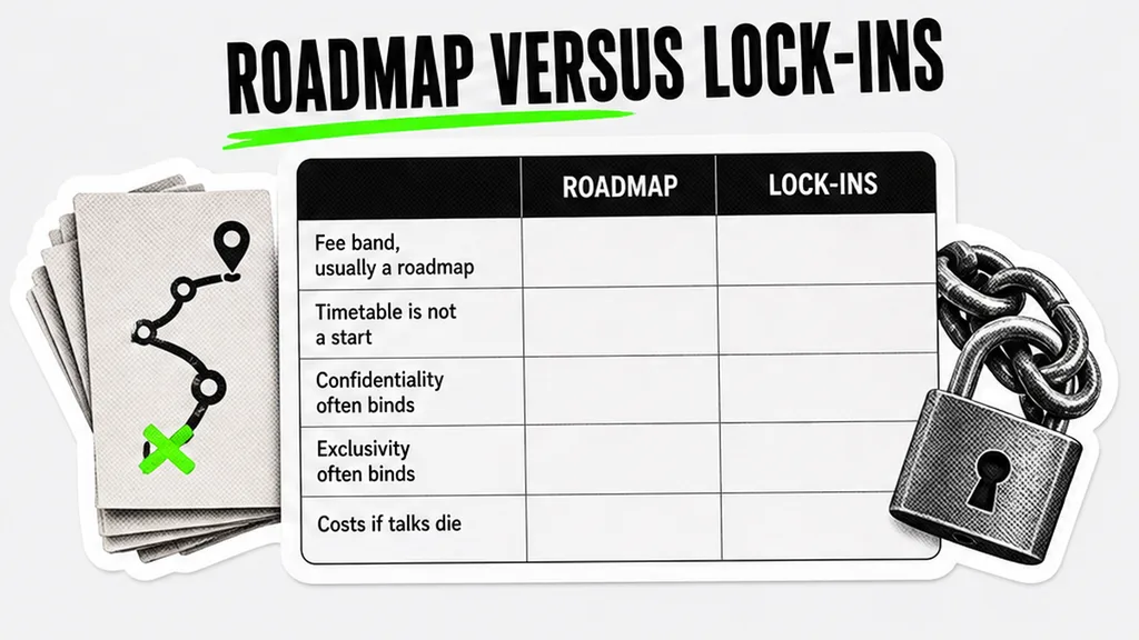 Roadmap versus lock-in table for fee, scope, confidentiality, exclusivity, and costs