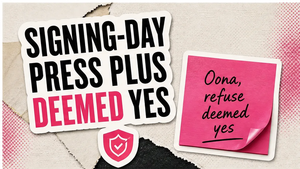 Signing-day press plus deemed yes headline, Oona refuse-deemed-yes sticky, and a small logo mark; no calendar, no form, no people