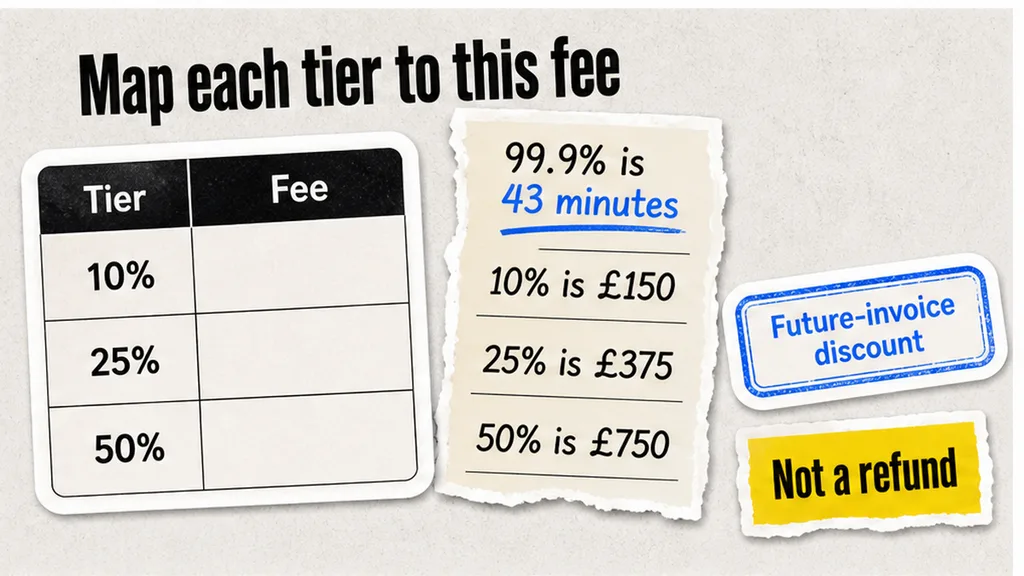 SLA credit table mapping 99.9 percent to 43 minutes and 10, 25, 50 percent to £150, £375, £750