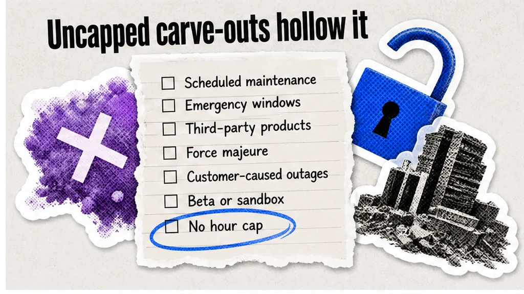SLA exclusions list with uncapped scheduled maintenance and emergency windows circled