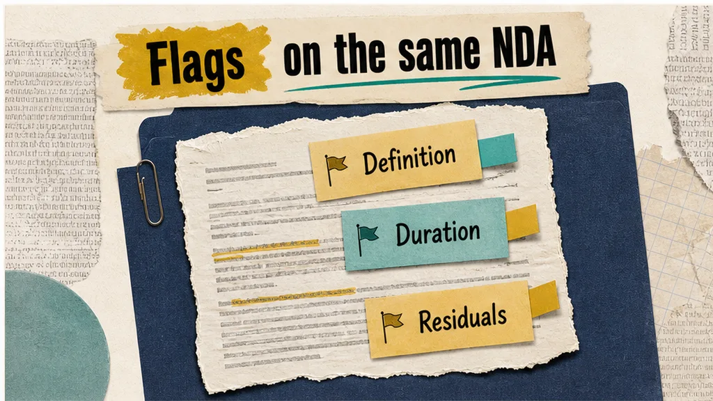 Editorial infographic: Flags on the same NDA — Definition, Duration, Residuals
