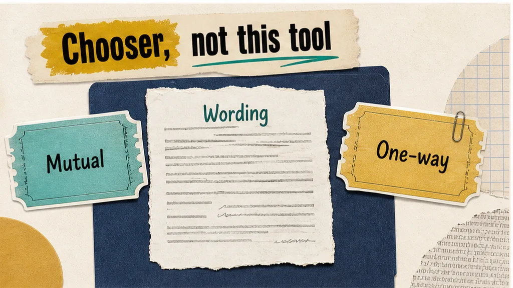 Editorial collage: inbound NDA folder with One-way and Mutual tickets held off to the side