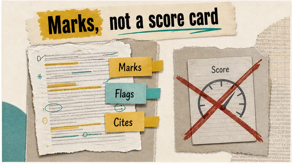 Editorial collage: marked NDA with Flags ticket beside a discarded 0-100 Score dial
