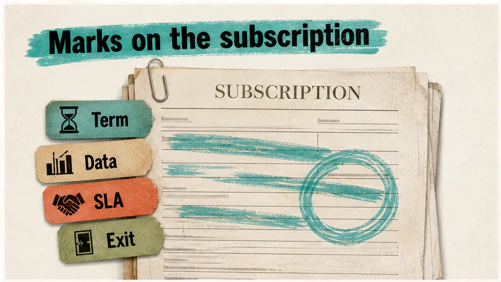 Editorial infographic: Marks on the subscription — Term, Data, SLA, Exit