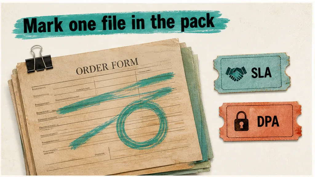 Editorial collage: subscription pack with Order form ticket on top and SLA and DPA tickets held aside
