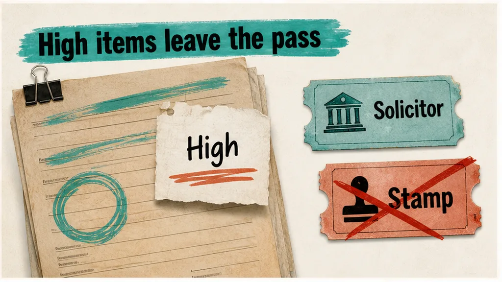 Editorial collage: marked SaaS file with High ticket and a solicitor folder beside a held-off Go-live stamp