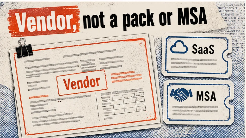 Vendor paper beside a labelled SaaS subscription pack and a master-agreement binder