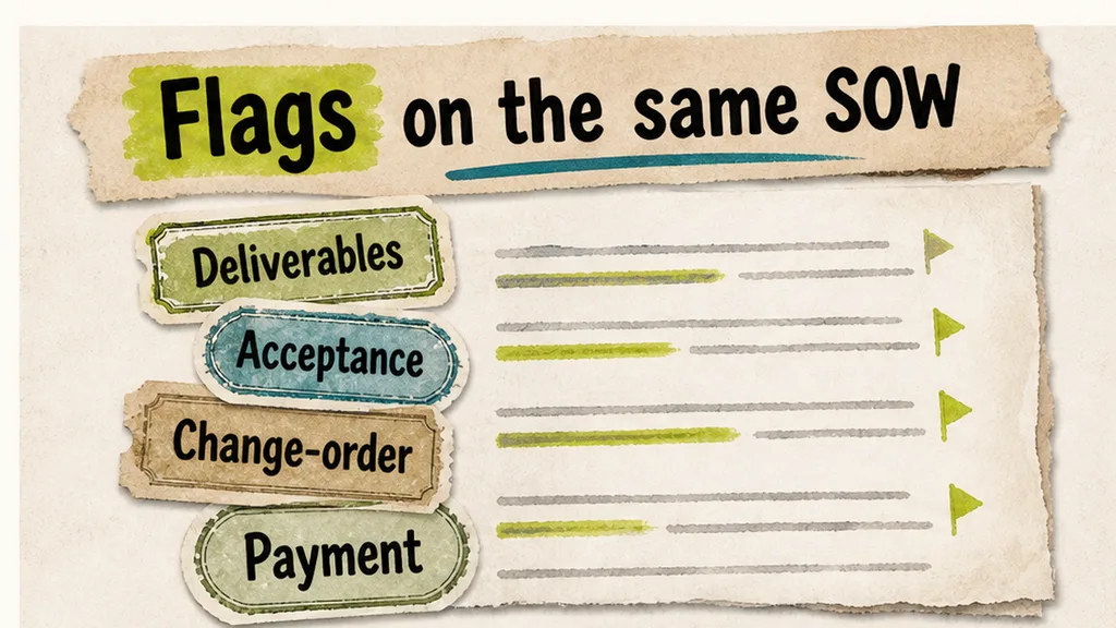 Editorial infographic: Flags on the same SOW — Deliverables, Acceptance, Change-order, Payment