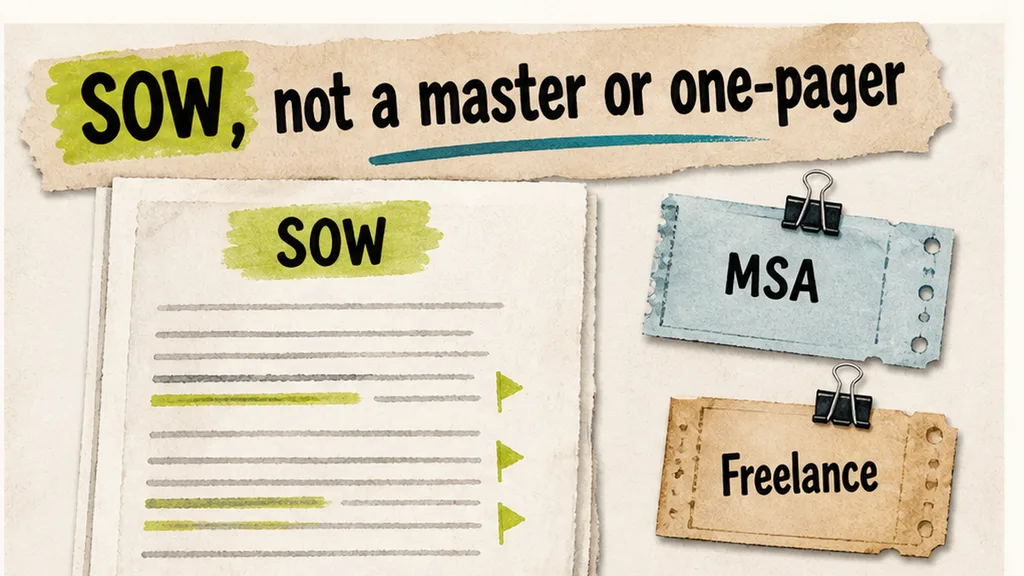 Three folders labelled SOW, MSA and freelance one-pager on a desk