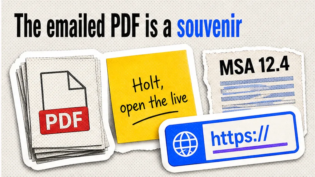 Emailed PDF souvenir versus live AUP page, MSA 12.4 and order-form stickers, no face