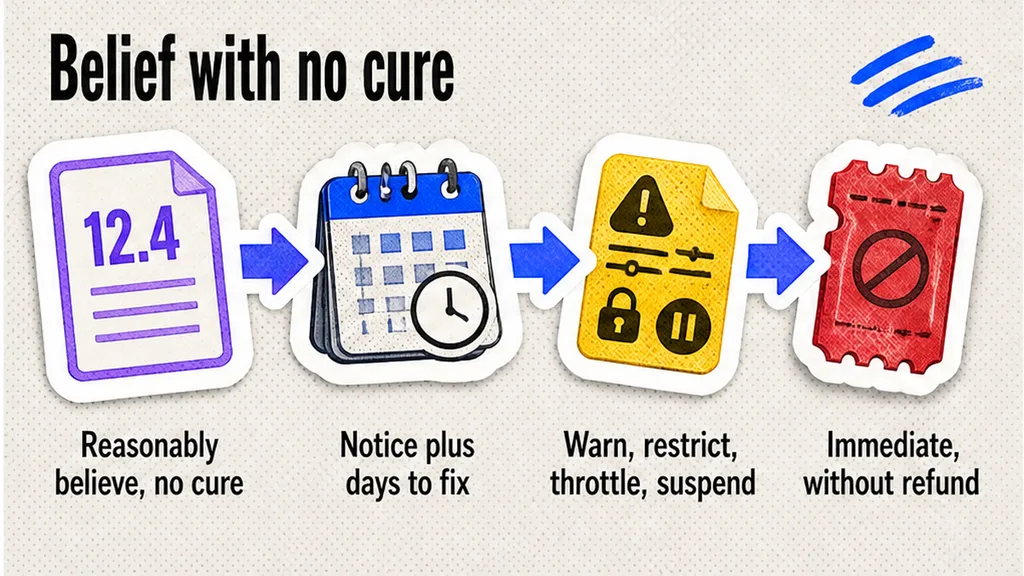 Kill-switch workflow: reasonably believe with no cure versus notice plus days to fix