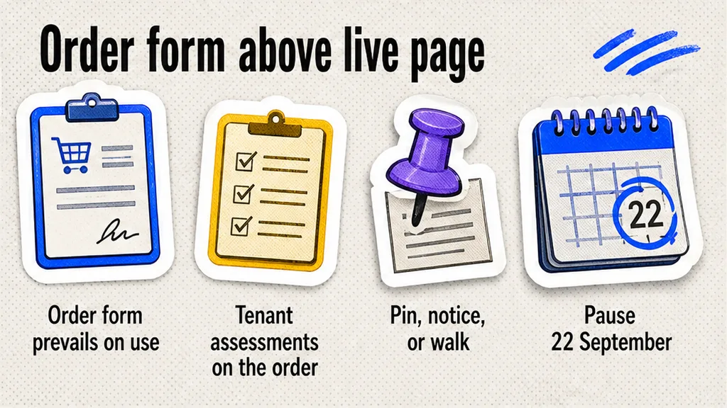 Checklist: order form above live AUP, MSA path, then pin, notice, or walk by 22 September