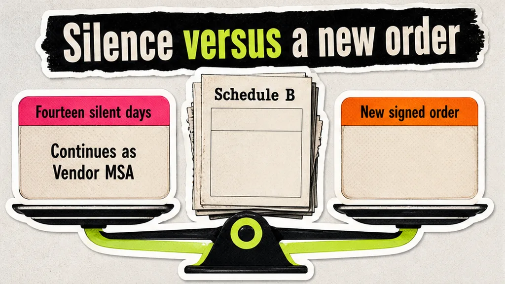 Fourteen silent days continue as Vendor MSA versus a new signed order, Schedule B blank