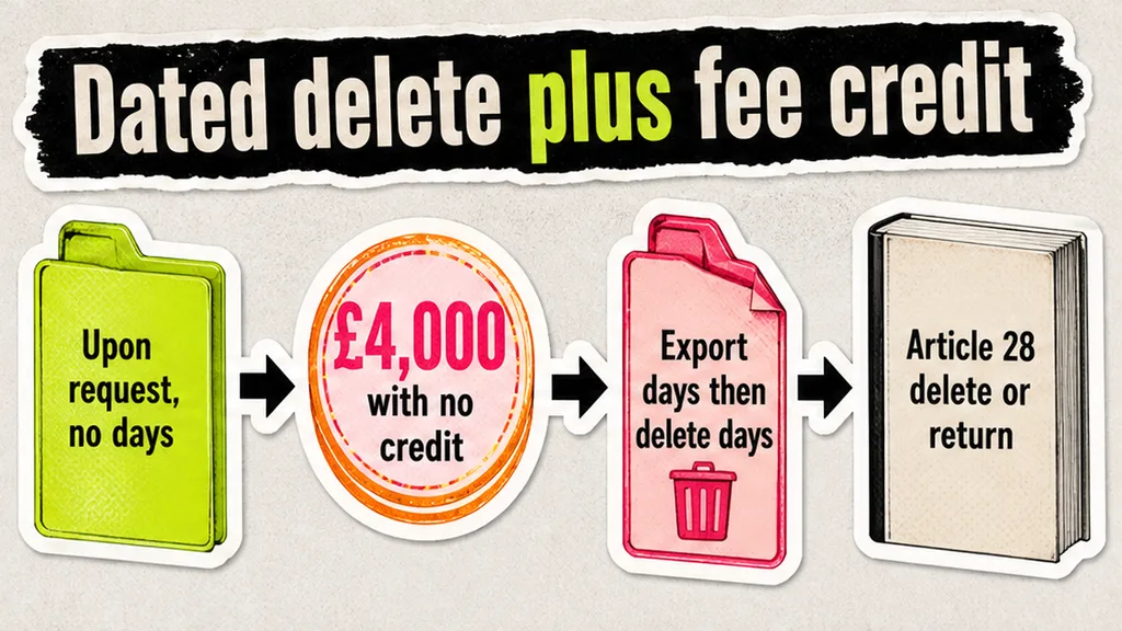 Upon request with no days, £4,000 with no year-one credit, export then delete, Article 28