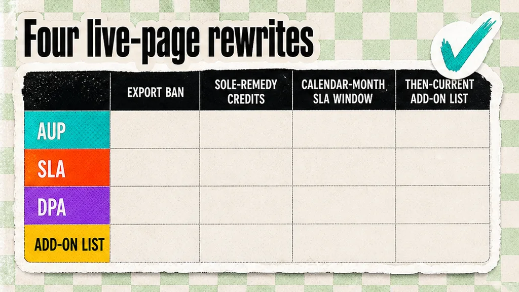 Four posted-URL rewrites: AUP, SLA credits, processing terms, add-on list