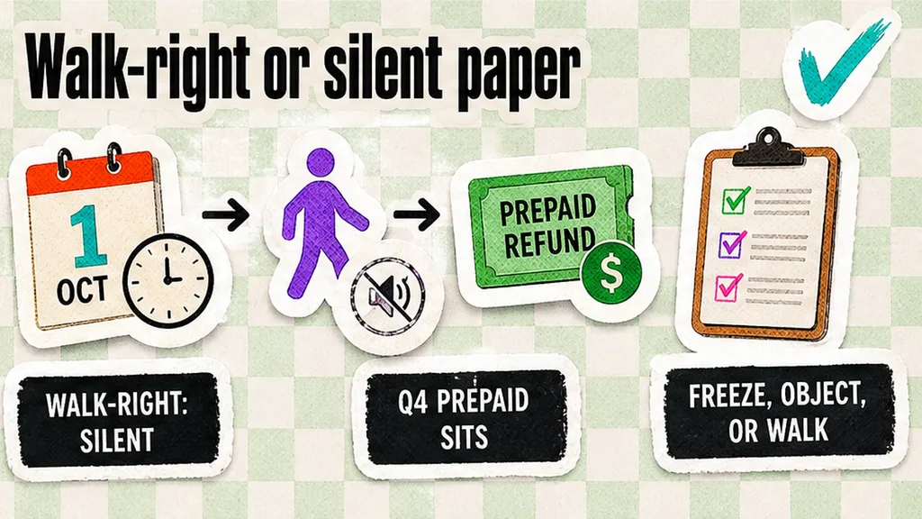 Continued-use clock, silent walk-right, and prepaid refund path