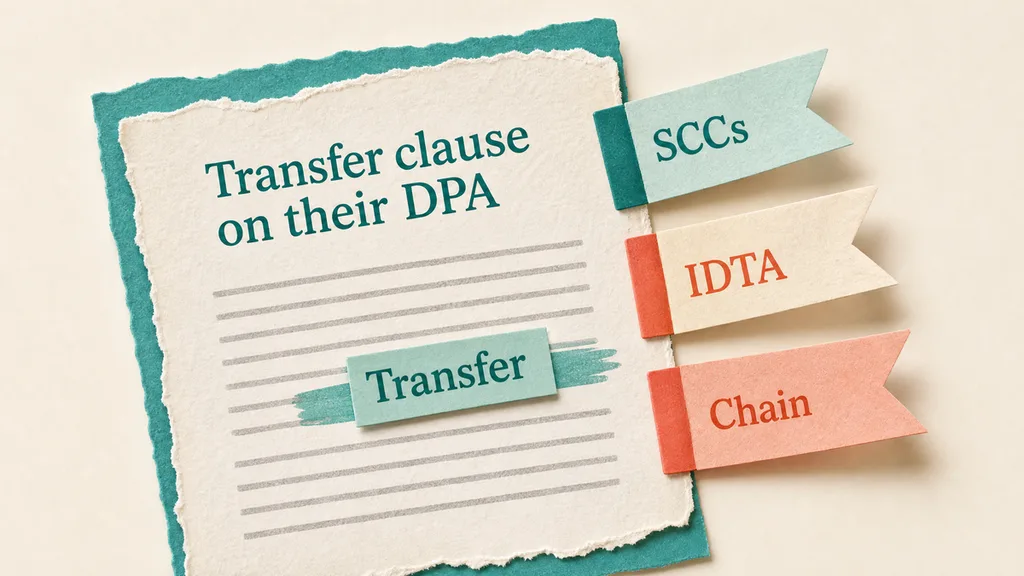 Editorial collage: vendor DPA with EU SCCs only ticket and UK IDTA conflict mark on the same page