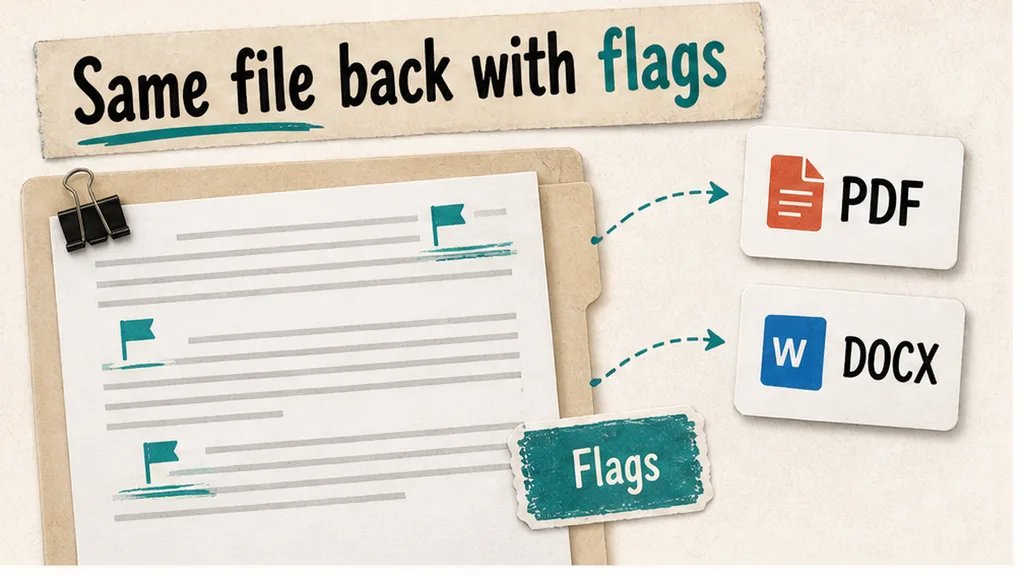 Editorial collage: upload tray with vendor DPA PDF and flags returning on the same processor file