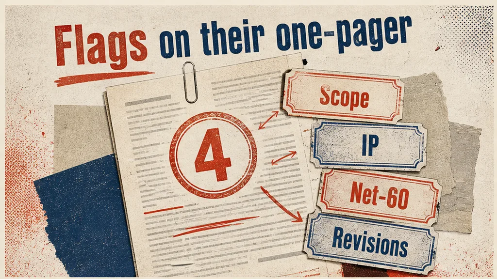 Editorial infographic: Flags on their one-pager — Scope, IP, Net-60, Revisions
