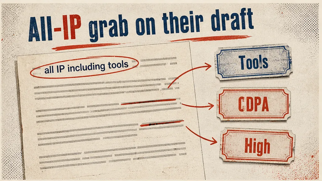 Editorial collage: contractor one-pager with all-IP-including-tools ticket marked beside a CDPA first-owner note