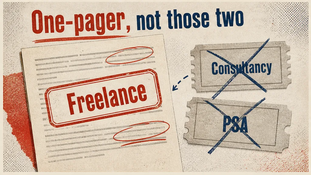 Editorial collage: freelance one-pager versus consultancy binder versus PSA checklist held aside