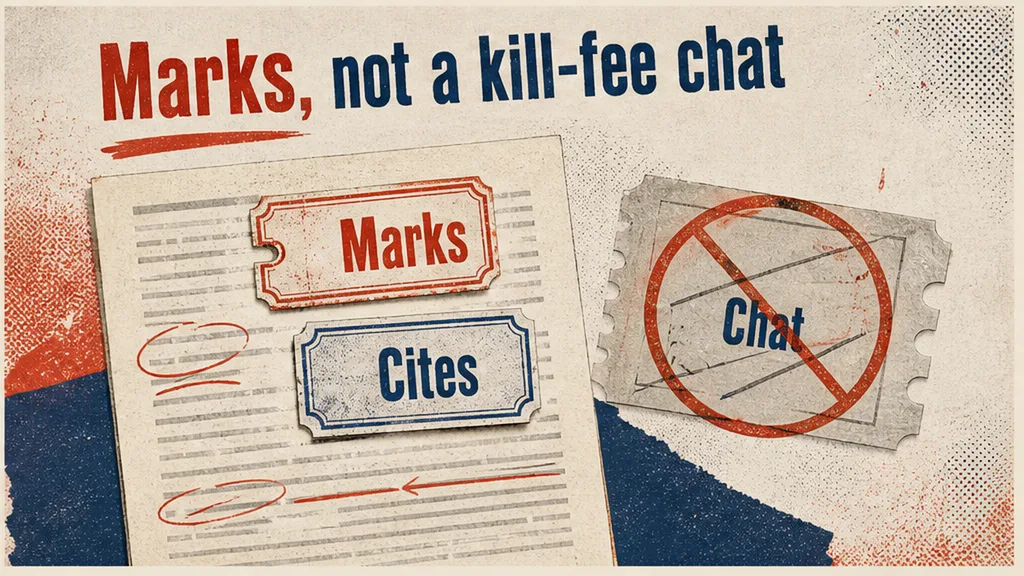 Editorial collage: marked contractor draft with High IP ticket versus a discarded negotiation-email bot