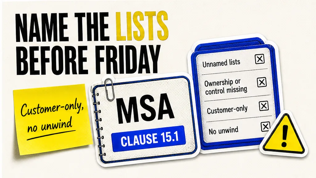 Clause 15.1 unnamed lists, ownership-or-control missing, Customer-only warrant with no unwind, no face