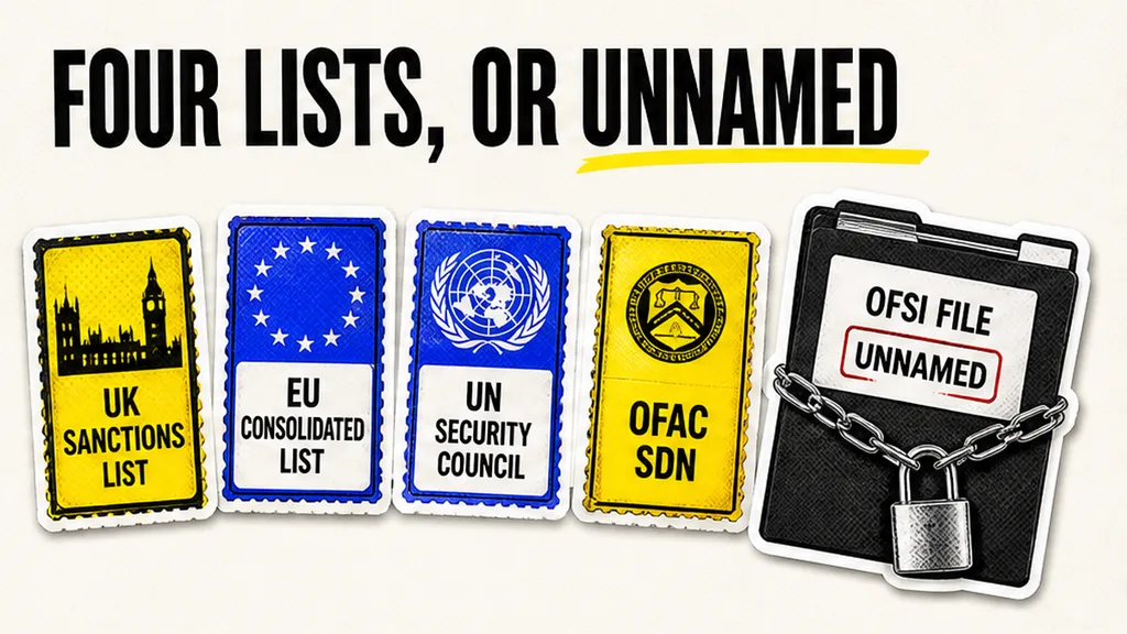UK Sanctions List, EU, UN, OFAC SDN boxed versus Clause 15.1 lists unnamed, no face