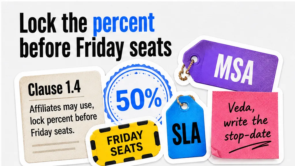 Silent Clause 1.4 Affiliates-may-use stack, lock the percent before Friday seats, stop-date sticky, no face
