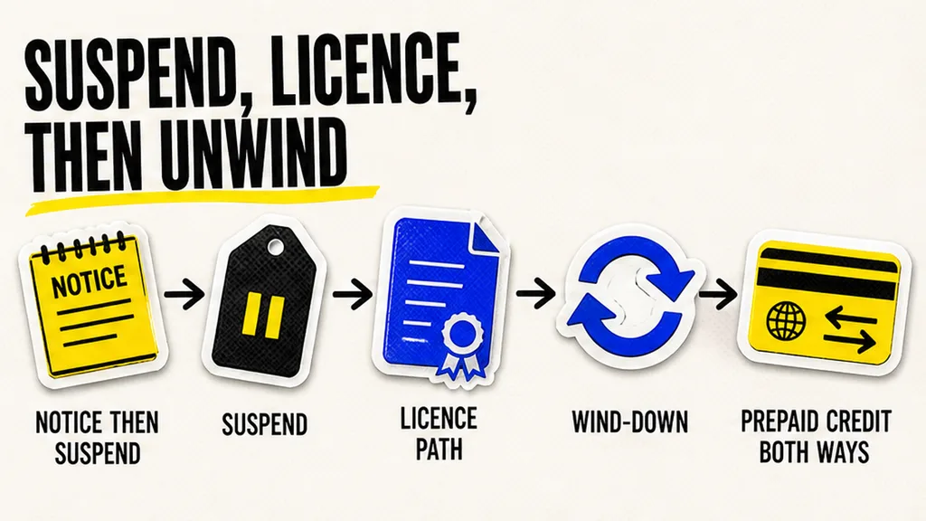 Suspend-licence-unwind versus Clause 15.3 terminate and prepaid non-refundable, no face